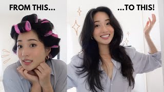 BIG BOUNCY HAIR BLOWOUT  hair rollers tutorial [upl. by Shaff656]