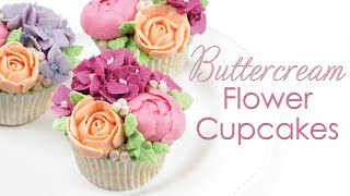 How to Pipe Buttercream Flower Bouquet Cupcakes  Roses Peonies amp Hydrangea Piping Techniques [upl. by Vesta]