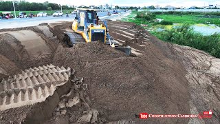 Nice job sand filling Technique skill operator Bulldozer pushing sand drop water amp Dump Trucks [upl. by Nnylyrehc497]