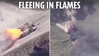 Moment doomed Russian howitzer is engulfed in flames and tries to flee Ukrainian drones [upl. by Kala]