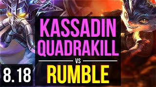 KASSADIN vs RUMBLE MID  Quadrakill KDA 2245 Godlike  EUW Master  v818 [upl. by Alston844]