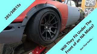 Making 285 wide tires and 15x11s fit the front on an NA Miata [upl. by Atikat]