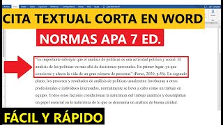 CÓMO HACER UNA CITA TEXTUAL CORTA EN WORD PASO A PASO  EJEMPLO NORMAS APA 7ma ED [upl. by Enal]