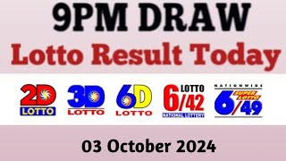 Lotto Result Today 9pm live draw October 03 2024 Swertres Ez2 PCSO live result [upl. by Niltag]