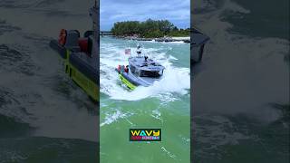 Miami fire boat in huge waves at Haulover Inlet  Wavy Boats [upl. by Eiroj256]