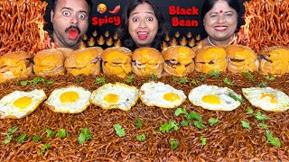 SPICY BLACK BEAN NOODLES amp CHEESIEST BURGERS EATING CHALLENGE  SAMYANG NOODLES MUKBANG Bigbites [upl. by Elletnahc59]