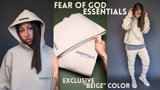 NEW Exclusive Fear of God Essentials Beige Unboxing  Sizing  Essentials Drop NEXT WEEK [upl. by Macswan]