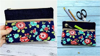 DIY sewing double Zipper Pouch  multi pocket Purse  Wallet  Easy Sewing Tutorial for Beginner [upl. by Obaza]