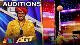 Praveen Prajapat DEFIES GRAVITY By Balancing Objects On His Head  Auditions  AGT 2024 [upl. by Tlaw779]