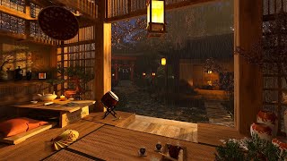 Rainy Night in Japanese Tea House  Rain Sounds on Courtyard [upl. by Aisauqal787]