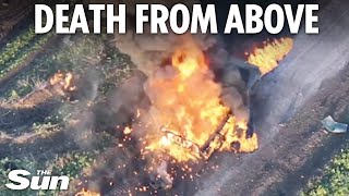 Dramatic moment Ukrainian kamikaze drones destroy dozens of Russian tanks [upl. by Landing]