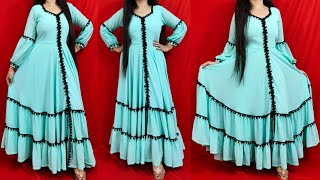 Designer Front Open Frill DressFrock Cutting Stitching In Hindi3 Layer KurtiFlared Frill Gown DIY [upl. by Shank992]