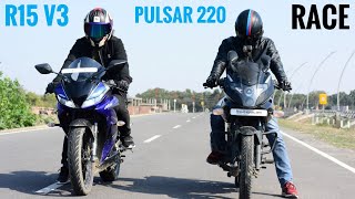 Yamaha R15 V3 VS Pulsar 220F BS4  RACE  Top End  Highway Battle [upl. by Hayalat]