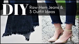 Easy DIY FringeHem Jeans RawHem Jeans amp 3 Spring Outfit Ideas [upl. by Fotzsyzrk]