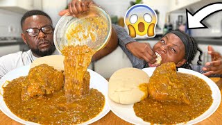 FUFU AND OGBONO SOUP AND GOAT MEAT SPEED EATING BIG BITE CHALLENGE DAD VS DAUGHTER SHOCKING WIN😱 [upl. by Cotsen]