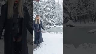 4k Granate styling walking outdoor deep snow long coat long boots high heels [upl. by Drucilla]