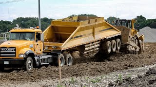 Cat D8T Bulldozer Lifts Trailer of Belly Dump  D8T Dozer Pushing Fill [upl. by Irmine]