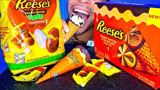 ASMR REESES PEANUT BUTTER CUPS PIECES ICE CREAM CONE CHOCOLATE EGGS JERRY CANDY ASMR MUKBANG [upl. by Ahto867]