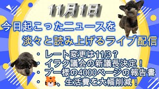 今日起こったニュースを淡々と読み上げるライブ配信 11月1日後半1時間半は雑談 [upl. by Kosiur]