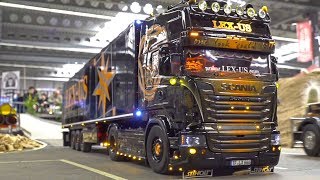 Mega RC TRUCK ACTION SCANIA MAN ACTROS VOLVO SCALEART TAMIYA MODELLING ERFURT [upl. by Uaerraj]