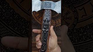 Laser Etched Viking Axe with Embossed Leather Sheath vikings axe valhalla damascussteel [upl. by Ixela]