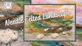 Needle felt a landscape in wool with sheep grazing and a little embroidery fiberart needlefelt [upl. by Atsirhcal]