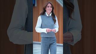 Kate sporting a grey sweater vest over a crisp white shirt paired w coordinating grey trousers [upl. by Ecneret]