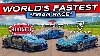 WORLDS FIRST Rimac Nevera V Bugatti Chiron SuperSport V Tesla Plaid DRAG RACE [upl. by Moht]