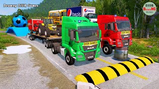 Double Flatbed Trailer Truck vs speed bumpsBusses vs speed bumpsBeamng Drive482 [upl. by Perlis]