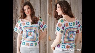 Кофточка из Квадратов Крючком  2019  Blouse from Squares Crochet  Bluse von Squares [upl. by Newel]