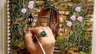 How to paint an old door with flower branches Timelapse [upl. by Oinoitna273]