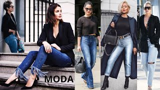 MODA PARA COMBINAR PANTALONES JEANS CON PRENDAS NEGRAS LOOKS CLÁSICO Y BÁSICOS PARA MUJERES FASHION [upl. by Erodisi]