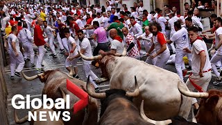 Spains Pamplona bull run returns in full force after 2year COVID hiatus [upl. by Lotta307]