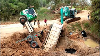 Incredible Overloaded Dump Truck Failed to Drive Up Hill Help By KOBELCO SK210LC Excavator amp Truck [upl. by Jochbed]