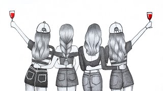 How to draw a Four Friend Pencil sketch  Step by Step drawing  Girls Friendship  Easy drawing [upl. by Raamaj]