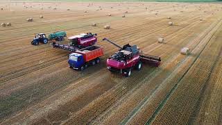 Aerial view of two combine harvesters in an agricultural field loading the harvested crop into truck [upl. by Natanoy]