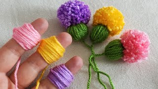 Amazing Pom Pom Flower Craft Idea with Fingers  Easy Woolen Flower Making  Hand Embroidery Trick [upl. by Redlac722]