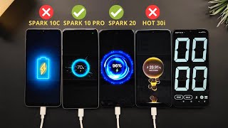 Tecno Spark 10 Pro vs Spark 20 vs Infinix Hot 30i vs Spark 10c  Charging Speed Test  5000mah 18W [upl. by Ennovi]