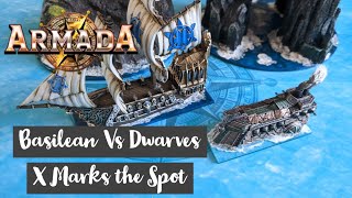 Kings of War Armada Battle Report 150pts Basilean Vs Dwarfs quotX Marks the Spotquot [upl. by Alisun559]