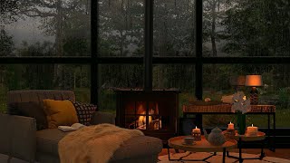 Cozy room ambience ASMR🌙 Rain on window sounds with crackling fire for sleep study relaxation [upl. by Aneelad]