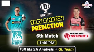 Womens Big Bash League 2024  Brisbane Heat vs Melbourne R BRHW vs MLRW  6th Match Prediction [upl. by Ayotak]