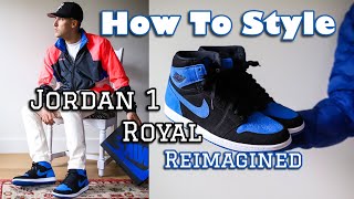 How To Style Nike Air Jordan 1 quotRoyal Reimaginedquot Sneakers On Feet with Outfits [upl. by Anaiviv938]