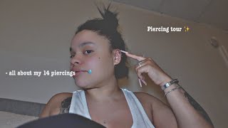 PIERCING TOUR ✰ ᥫ᭡ all about my 14 piercings  pain levels healing process amp pricing  Kayy Lovee [upl. by Boaten]