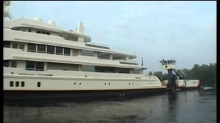 Superyacht leaving shipyard Roman Abramovich Ecstasea with tugboots prepare for seatrials [upl. by Irrep]