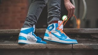 OffWhite x Nike Air Jordan 1 NRG quotUNCquot Review amp OnFeet [upl. by Aidul187]