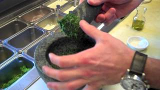 Cooking How to make pesto sauce using a mortar and pestle [upl. by Aidnyc]