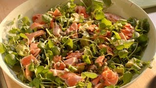 Salmon avocado watercress and pumpkin seed salad recipe  Simply Nigella Episode 5  BBC [upl. by Idnahk]