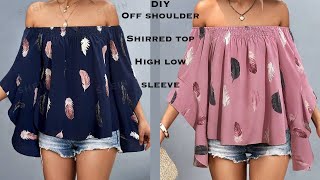 EASY SHIRREDSMOCKED TOP WITH HIGH LOW FLARED SLEEVE…How To Make An Off Shoulder Shirred Top top [upl. by Dusen]