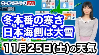 11月25日土の天気予報 全国的に冬本番の寒さ 日本海側は大雪や吹雪に [upl. by Aikahc]