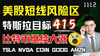 【TSLA】特斯拉目标415，继续看涨？美股短线风险区，获利回吐要小心！比特币大涨下的操作策略！本期股票TSLA NVDA COIN GOOG AMZN [upl. by Norehc]